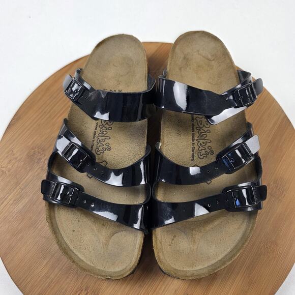 Birki's Sandals Womens Size 8 Black Patent Triple Strap Cork Footbed Shoes - Picture 1 of 13